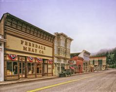 Colorful buildings near the road, in downtown of Ferndale, California, USA