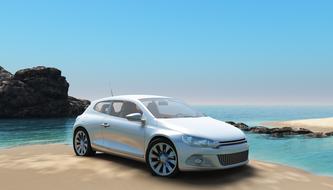 white car on the beach near the rocks