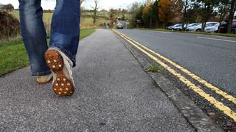 Person walking on the sidewalk of the road, with yellow lines, among the colorful and beautiful plants and cars