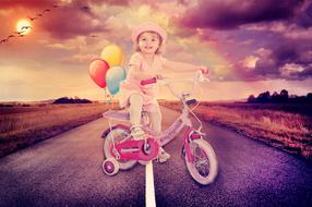 little girl riding a bike on the road as digital art