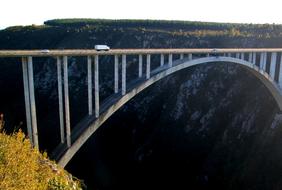 Cars on the Bloukrans Bungee in Tsitsikamma, South Africa, with colorful plants