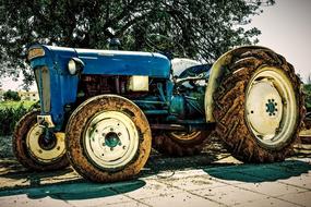 Colorful, vintage tractor on the pavement, among the colorful plants, in sunlight, in Cyprus, Greece