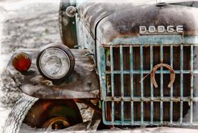 Close-up of the old, rusty "DODGE" truck with the sign, in Australia