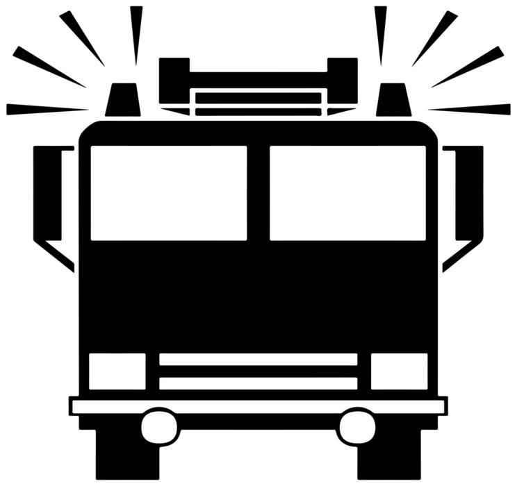 Black and white icon of fire truck, at white background, on clipart