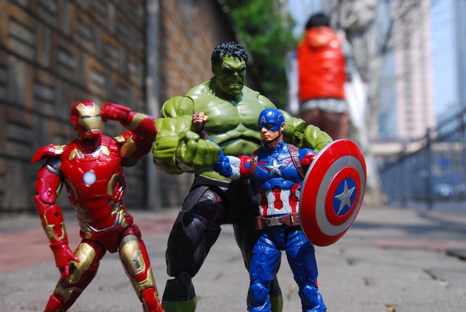 Colorful, shiny figures of the 'Marvel' characters, on the street in Shanghai