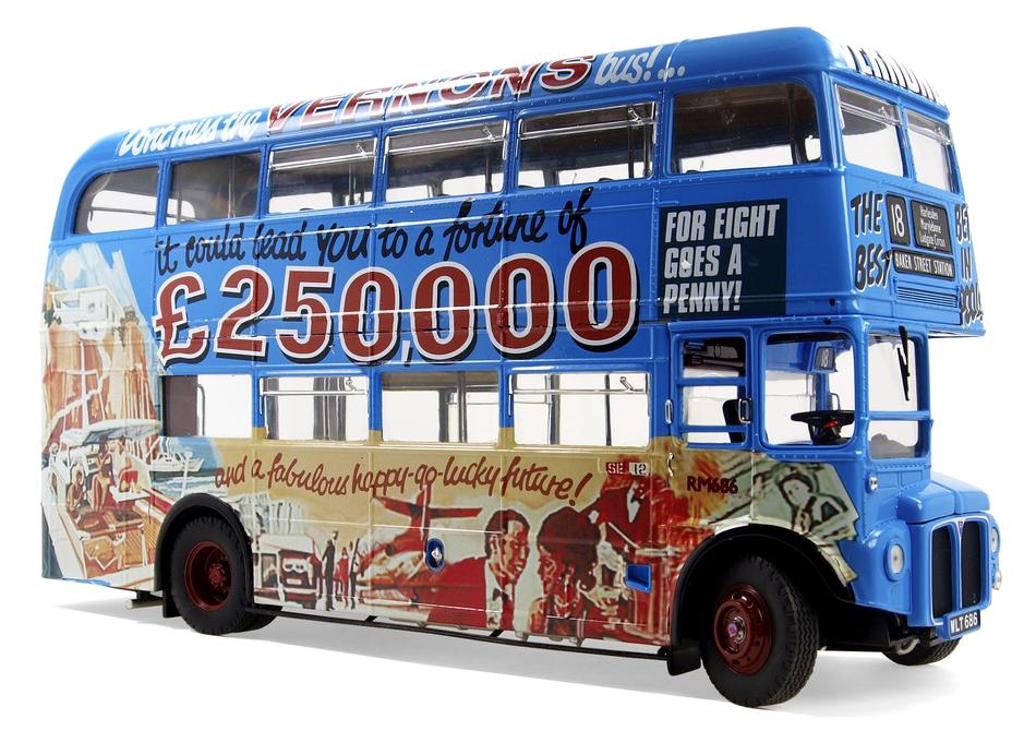 Colorful, vintage AEC Routemaster bus with images, at white background, clipart