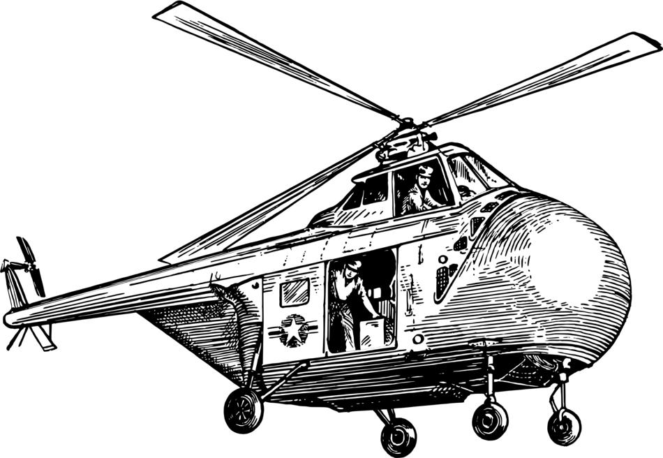 Black and white drawing of the helicopter with people, at white background, clipart