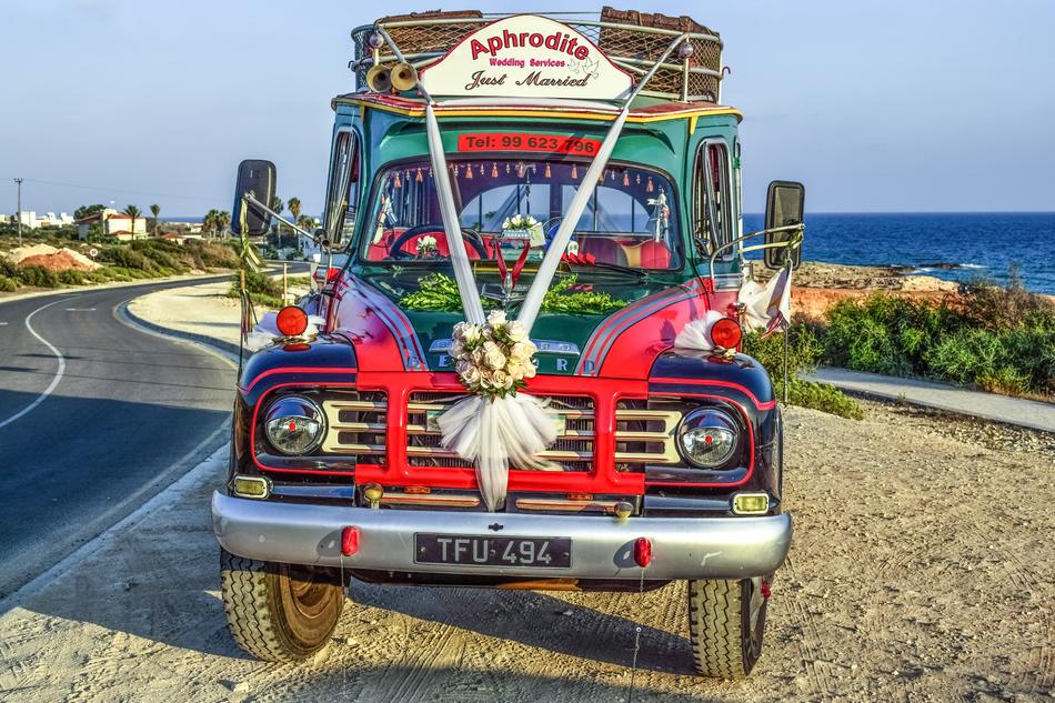 picturesque wedding service Bus on seashore, cyprus, ayia napa