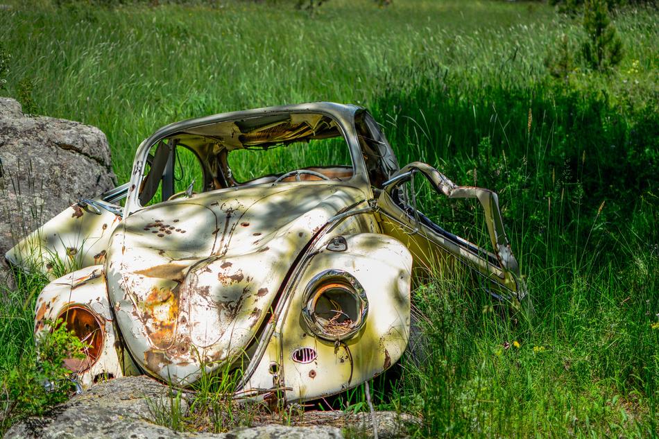 White, rusty 'Beetle' car among the plants and rocks, in light and shadows