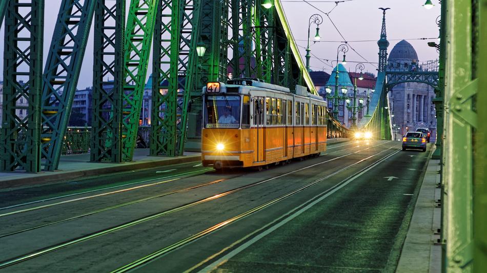 tram on the road in budapest