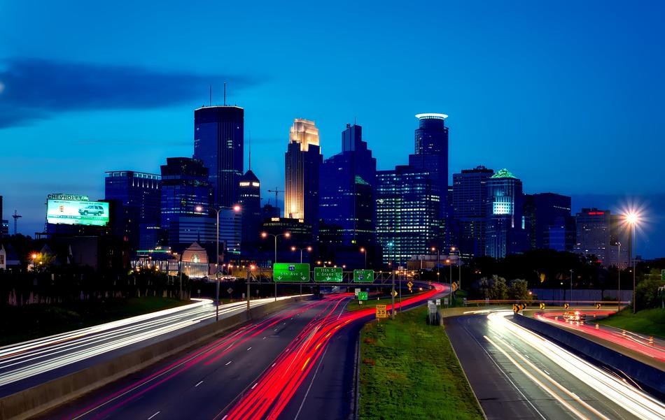 traffic in Minneapolis at night blurred background