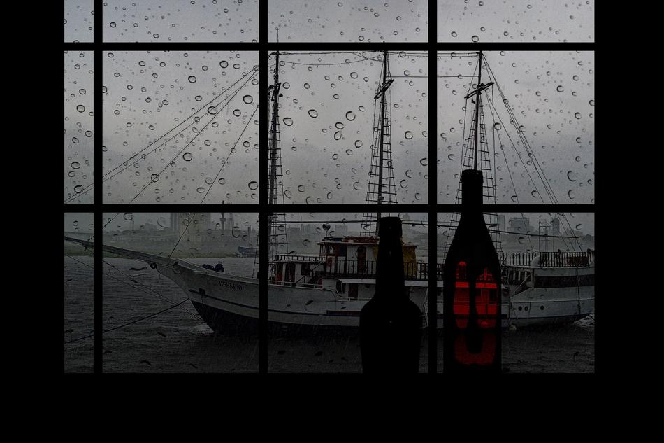 Rain Drops on window and Old Ship