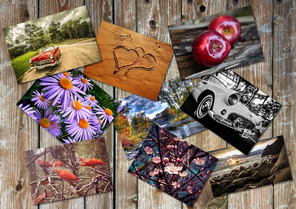 a collection of photographs on a wooden table