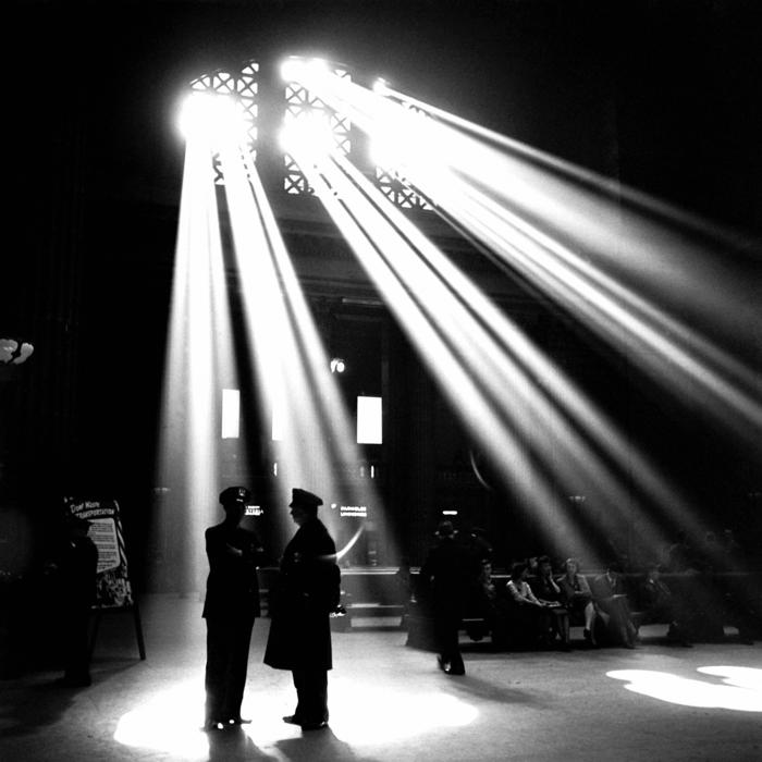 black and white, cops under the spotlights in Chicago