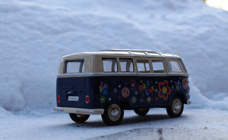 Vw Bus with painted side at snowy mountain