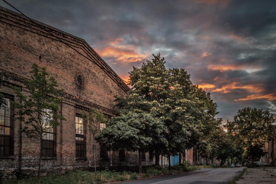 Beautiful street with building and green trees, at colorful and beautiful sunset among the clouds