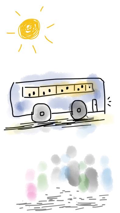 Beautiful and colorful painting with people near the bus, under the Sun, clipart