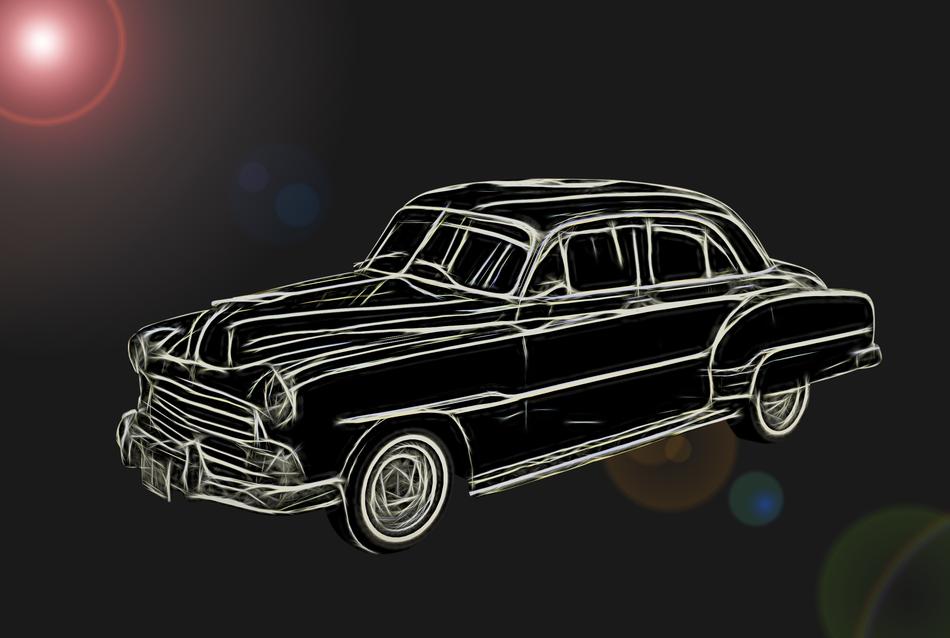black silhouette of a retro american car on an optical background