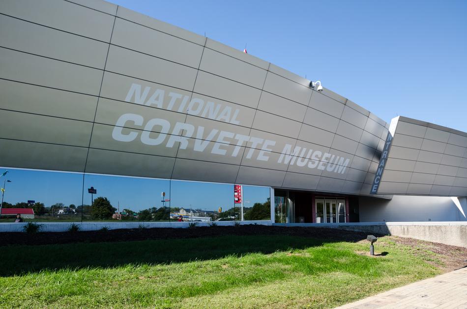 National Corvette museum with the sign, in Kentucky, USA, under the blue sky