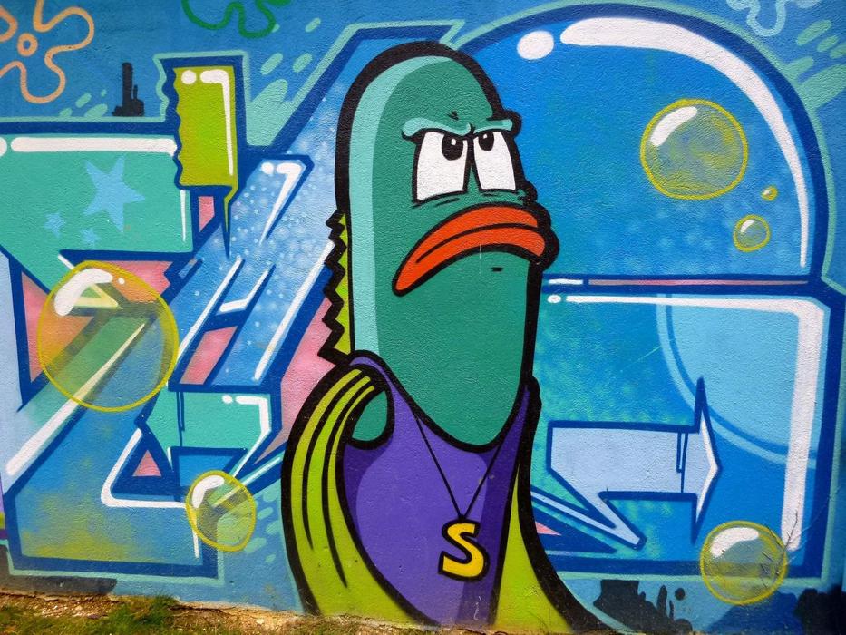 Beautiful and colorful 'Sponge Bob' graffiti on the street in BaraÃ±ain, Spain