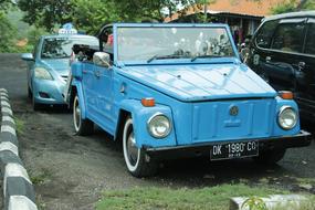 parked retro blue convertible