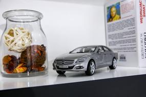 Flowers in glass vase and Car model