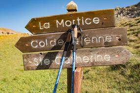 wooden signs with inscriptions by the road