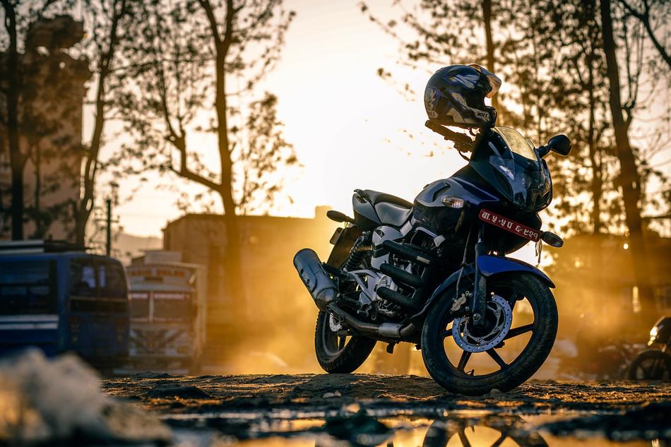 sports Motorcycle with helmet parked outdoor