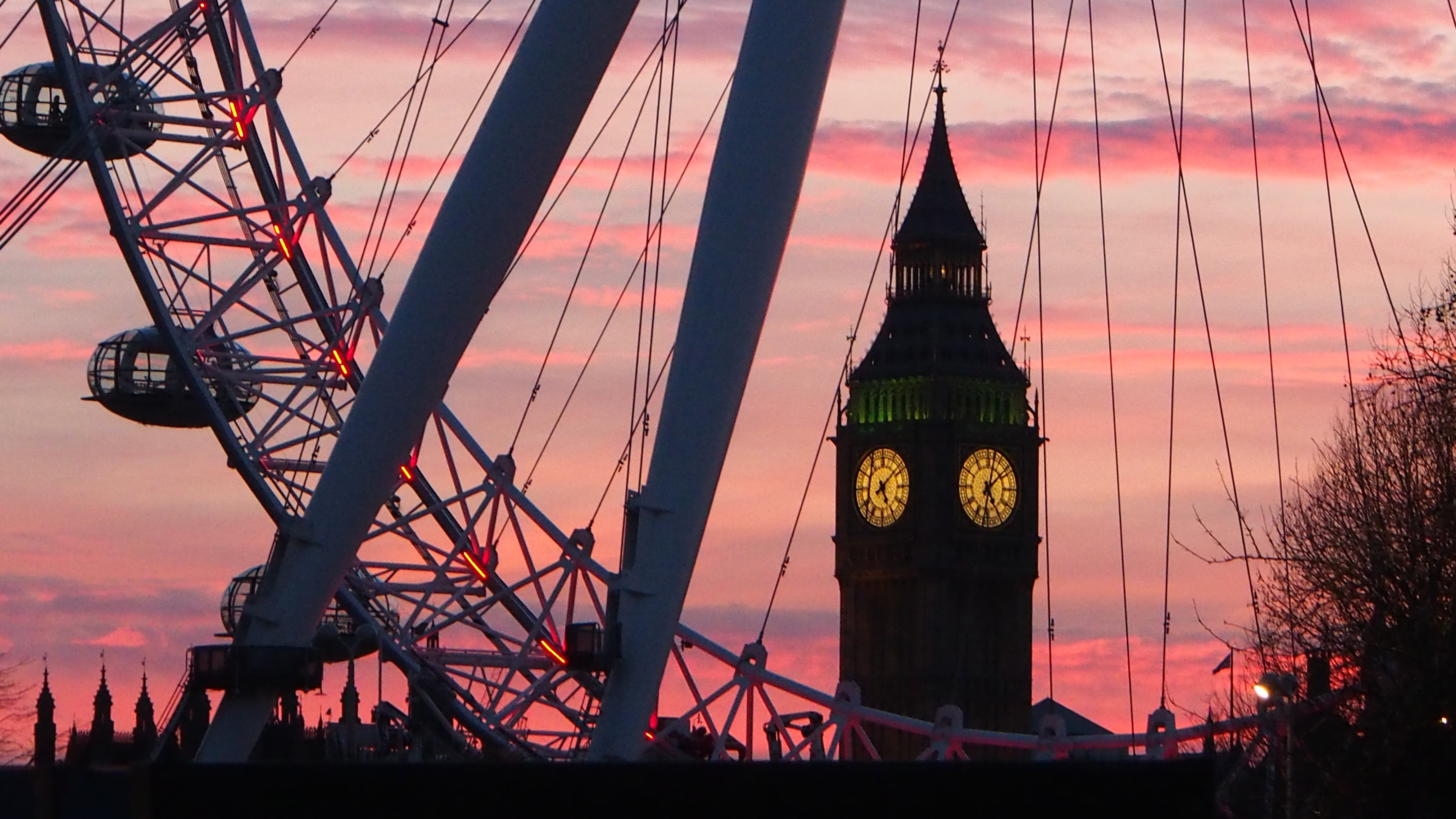 London Eye And Big Ben Pink Sky Free Image Download