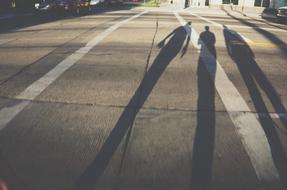 long shadows of three persons on road