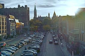 Architecture and cars at sunset