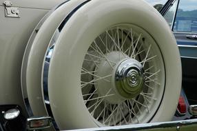 the white wheel of a classic car