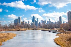 frozen Chicago River in front of city, usa, illinois