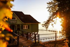 landscape of the lake house at sunset