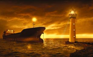 container ship and lighthouse