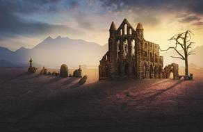 mystical depiction of castle ruins and graves at dusk