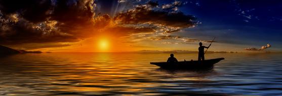 Fisherman Fishing Boat at Sunset