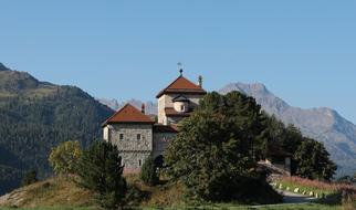 Beautiful landscape of Silvaplana on the green mountains in Maloja Region, Switzerland