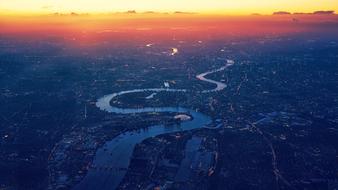 Aerial View of Thames River at dusk, uk, england, London