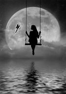 Black and white photo of the woman on the swing and fairy, above the water at background with the clouds and Moon, clipart