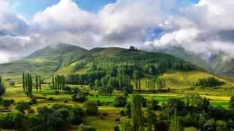 Beautiful green and yellow landscape of KaÃ§kars with trees, under cloudy sky