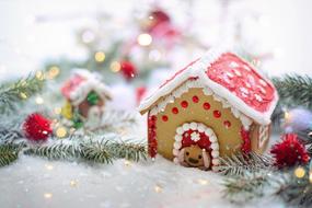 Beautiful and colorful GIngerbread houses, among the colorful Christmas decorations and green fir branches in snow