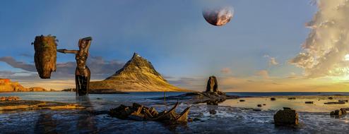 fantastic image of a girl in the ocean against the background of the evening sky and a fiery planet