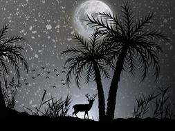 deer beneath palms at full moon night, fantasy drawing