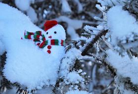 Snowman with the colorful decorations in winter