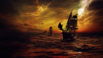 painted ships during a storm on the beautiful colorful waterscape