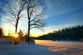 winter sunset in wilderness, canada, quÃ©bec