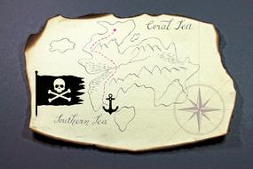 Treasure map with the black flag with skull