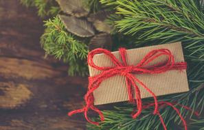 gift with a red rope under the Christmas tree