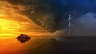 lightning in the evening sky over an island on the lake